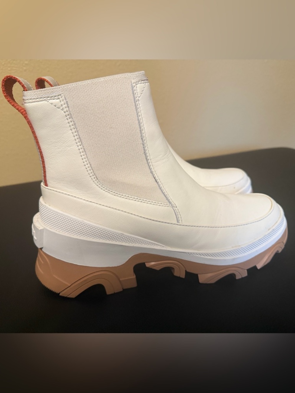 Sorel White Chelsea Platform Boots with Tan Lug Sole